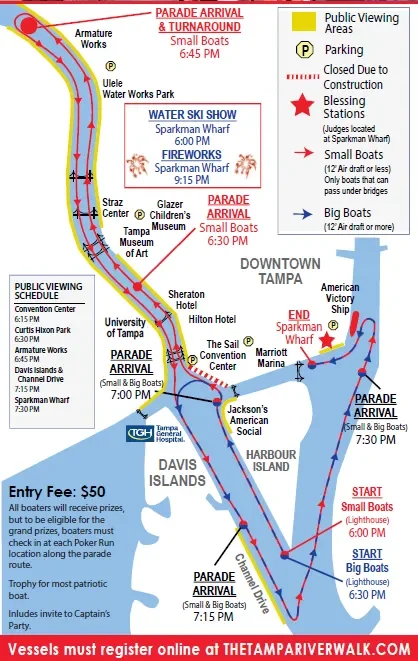 Map of Tampa Riverwalk Fourth of July Boat Parade