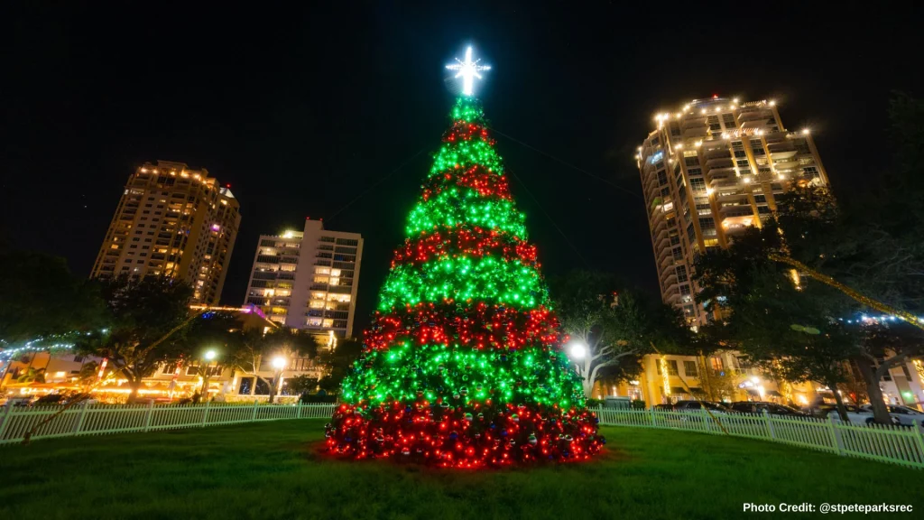 Lit Christmas tree St. Petersburg waterfront lights