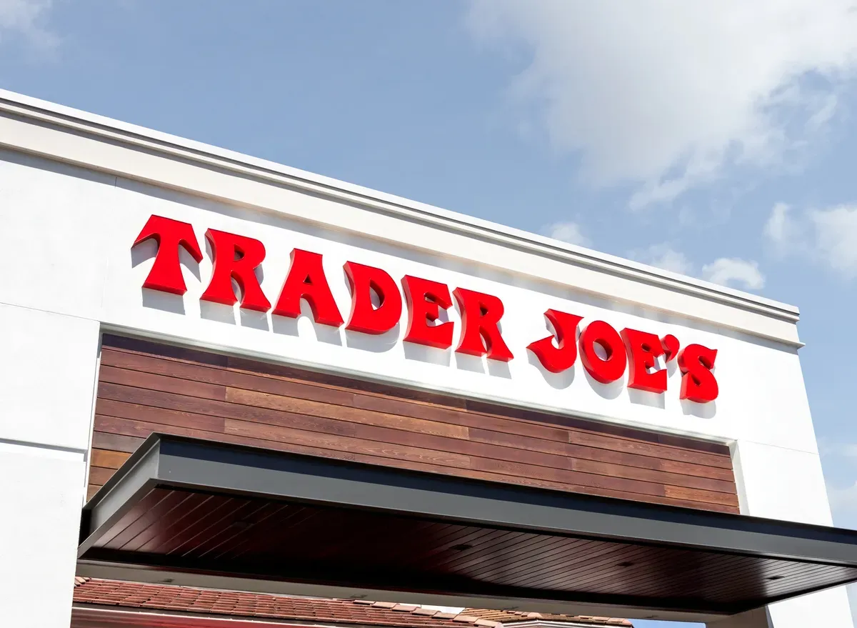 Trader Joes store front blue sky